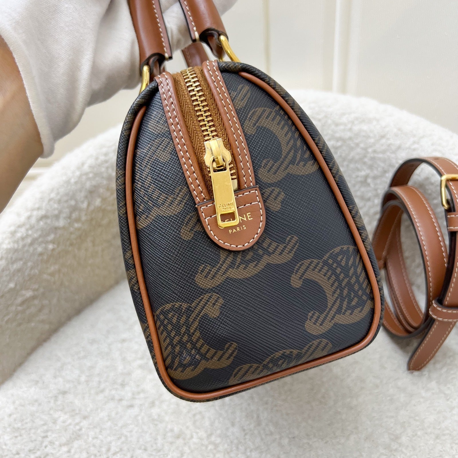 Celine Small Boston Bag in Triomphe Canvas, Calfskin and GHW (Model: 197582EIP.04LU)