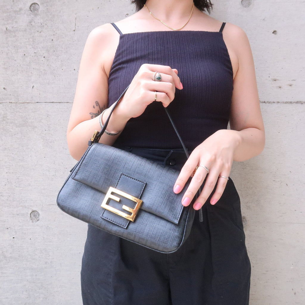 FENDI Zucchino Mamma Baguette PVC Leather Hand Bag Black 8BR180