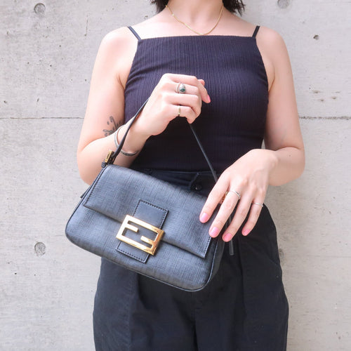 FENDI Zucchino Mamma Baguette PVC Leather Hand Bag Black 8BR180