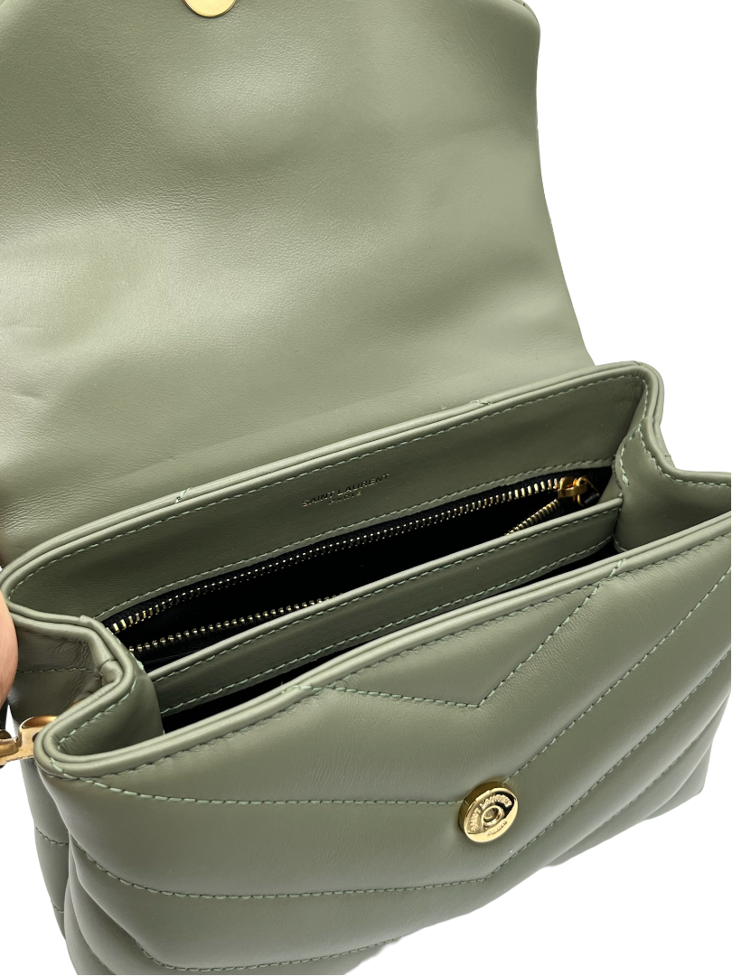 SAINT LAURENT- Green Calfskin Quilted Monogram Toy Loulou Satchel