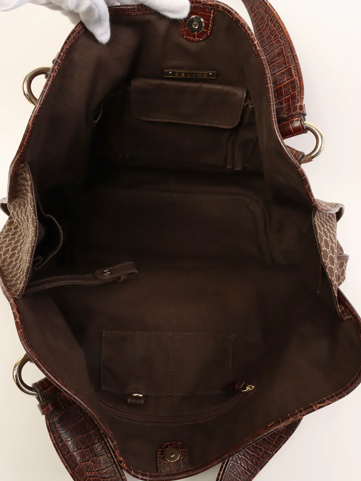 CELINE Canvas Crocodeile Embossed Combination Macadam Pattern Logo Plate Tote Bag Brown