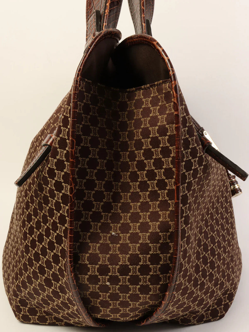 CELINE Canvas Crocodeile Embossed Combination Macadam Pattern Logo Plate Tote Bag Brown