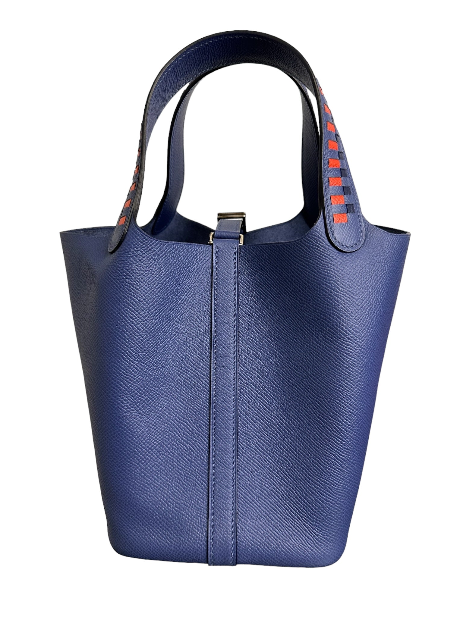 HERMES - Bleu Encre Brique Epsom Tressage De Cuir Picotin Lock 18 PHW