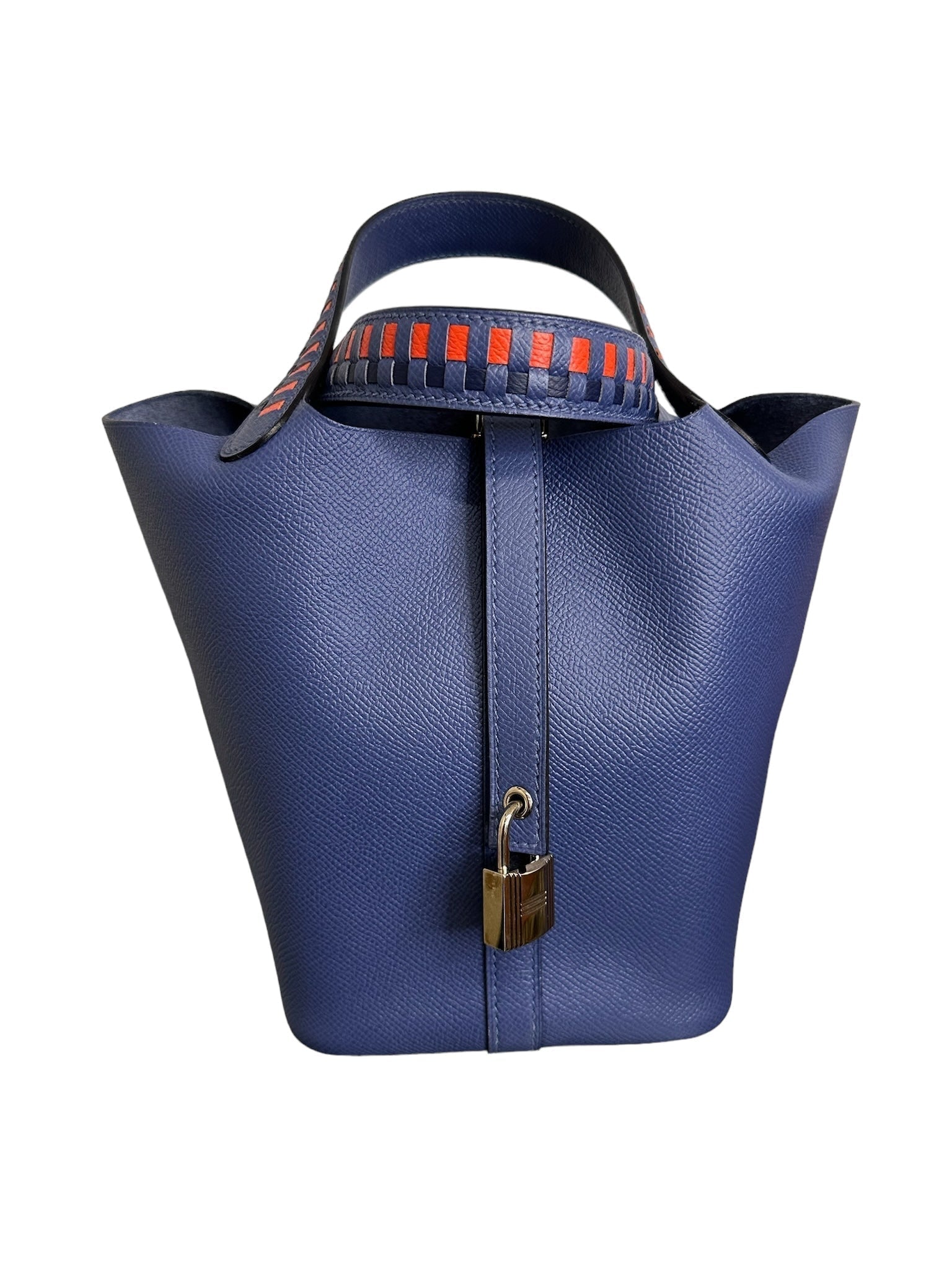 HERMES - Bleu Encre Brique Epsom Tressage De Cuir Picotin Lock 18 PHW