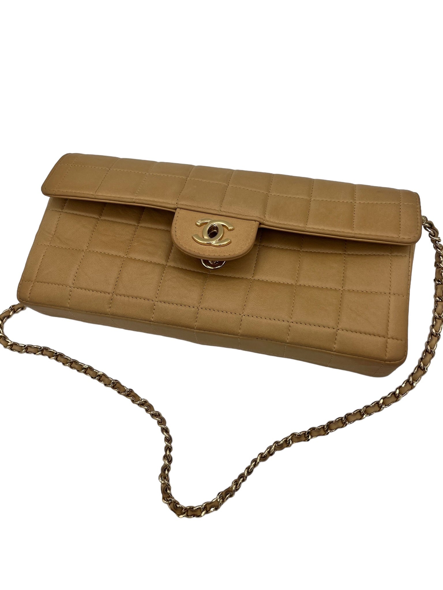 CHANEL - Lambskin East West Chocolate Bar Flap Beige Crossbody Bag