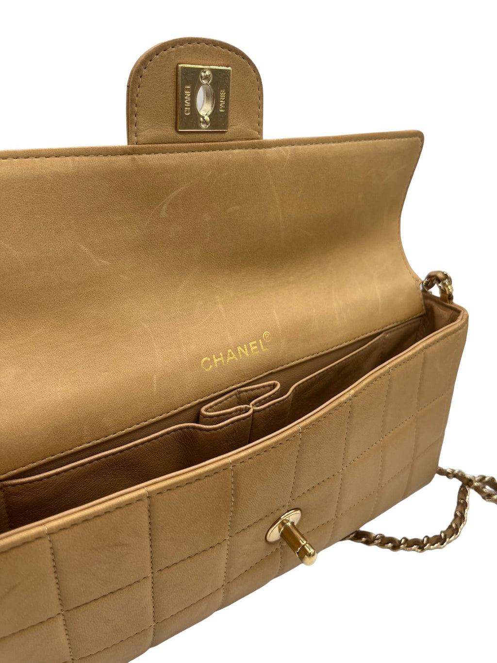 CHANEL - Lambskin East West Chocolate Bar Flap Beige Crossbody Bag