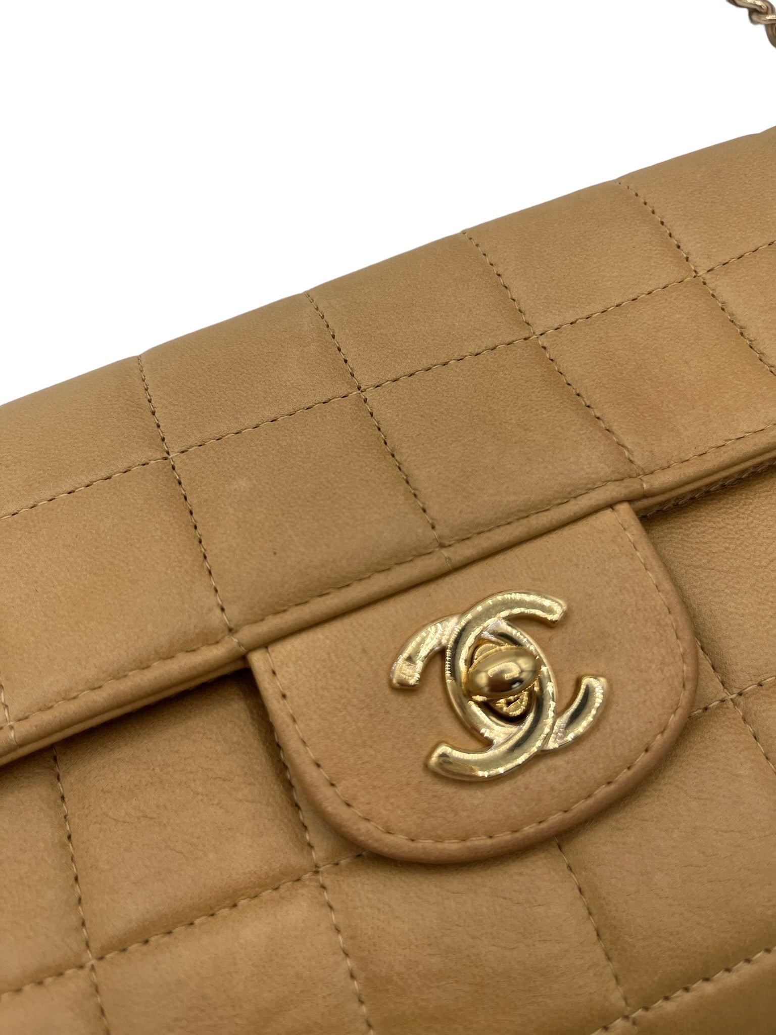 CHANEL - Lambskin East West Chocolate Bar Flap Beige Crossbody Bag