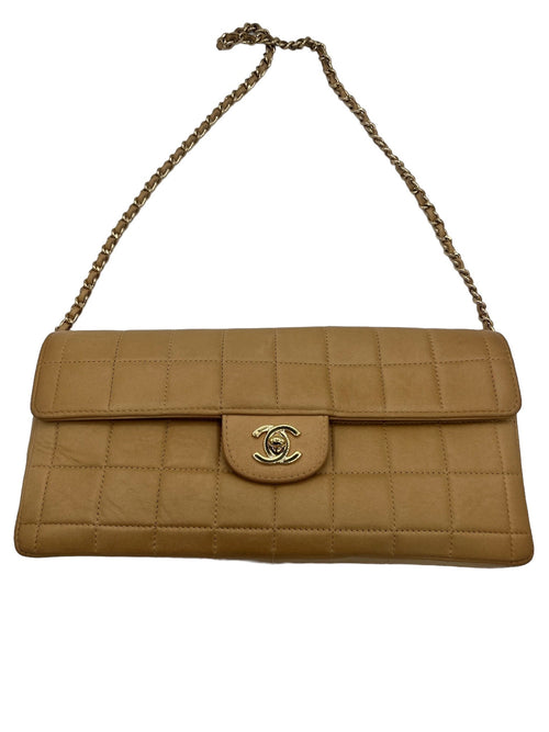 CHANEL - Lambskin East West Chocolate Bar Flap Beige Crossbody Bag