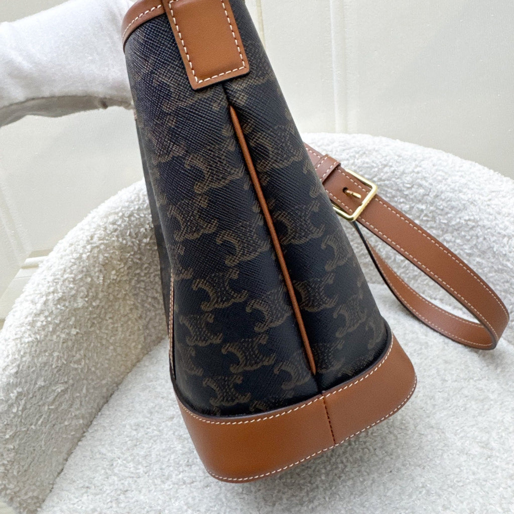 Celine Small Triomphe Bucket Bag in Triomphe Canvas, Tan Calfskin and GHW (Model: 191442CAS.04LU)