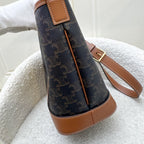 Celine Small Triomphe Bucket Bag in Triomphe Canvas, Tan Calfskin and GHW (Model: 191442CAS.04LU)