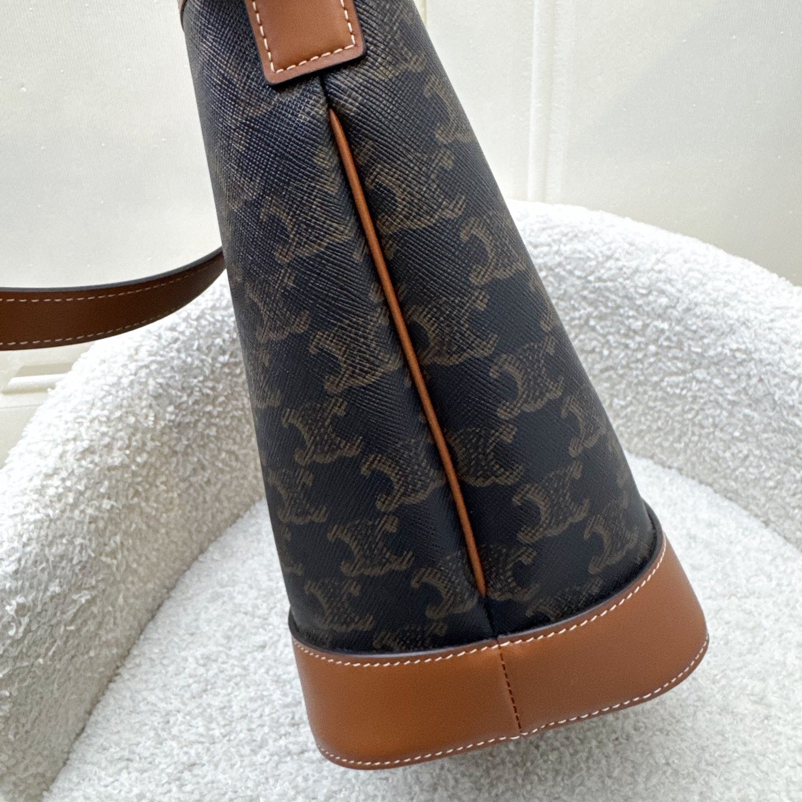Celine Small Triomphe Bucket Bag in Triomphe Canvas, Tan Calfskin and GHW (Model: 191442CAS.04LU)