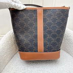 Celine Small Triomphe Bucket Bag in Triomphe Canvas, Tan Calfskin and GHW (Model: 191442CAS.04LU)