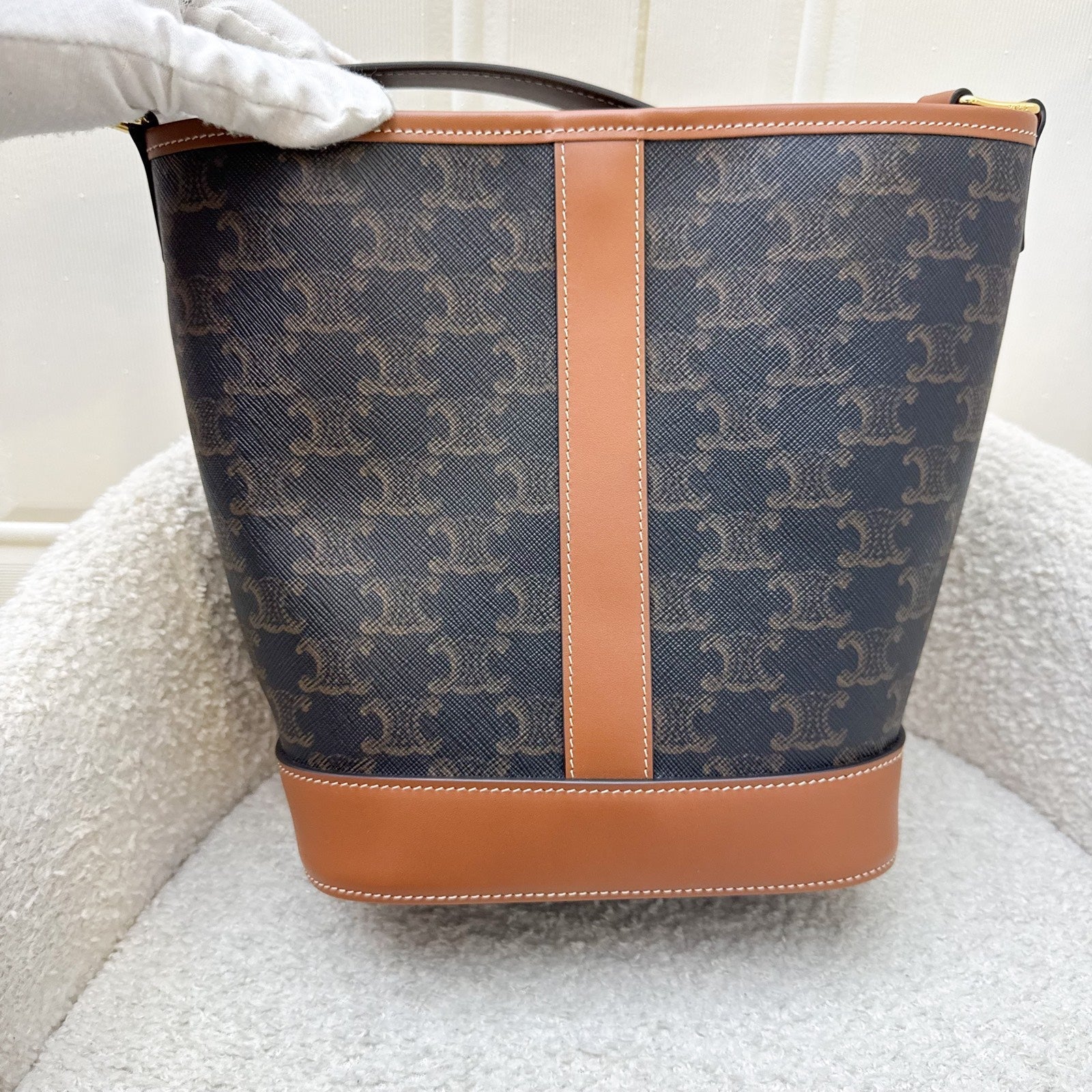 Celine Small Triomphe Bucket Bag in Triomphe Canvas, Tan Calfskin and GHW (Model: 191442CAS.04LU)