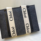 Chloe Woody Medium Tote Bag in mere Grey Felt Fabric and Black Leather Trim