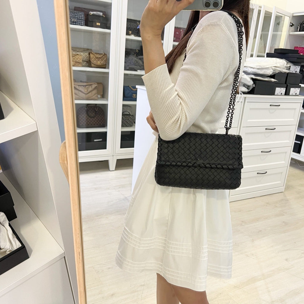 Bottega Veneta BV Baby Olimpia Handbag in Black Intrecciato Lambskin and SHW