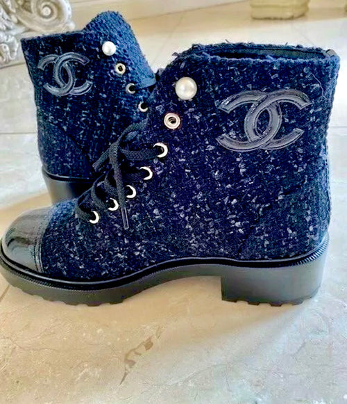 Chanel Tweed Patent Calfskin Pearl Combat Short Boots