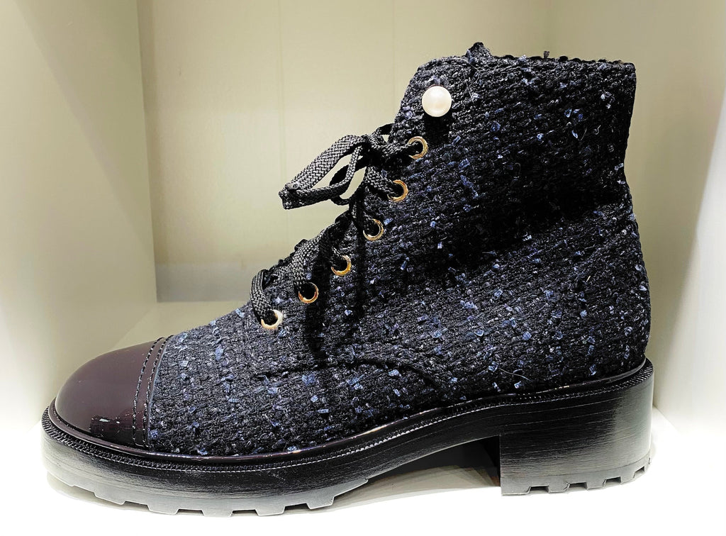Chanel Tweed Patent Calfskin Pearl Combat Short Boots