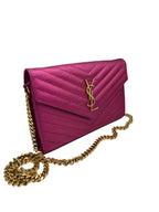 SAINT LAURENT - Pink Metallic Chevron Quilted Grained Matelasse Wallet on Chain Crossbody Bag