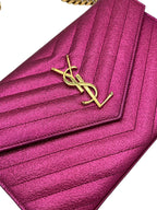 SAINT LAURENT - Pink Metallic Chevron Quilted Grained Matelasse Wallet on Chain Crossbody Bag