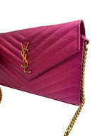 SAINT LAURENT - Pink Metallic Chevron Quilted Grained Matelasse Wallet on Chain Crossbody Bag