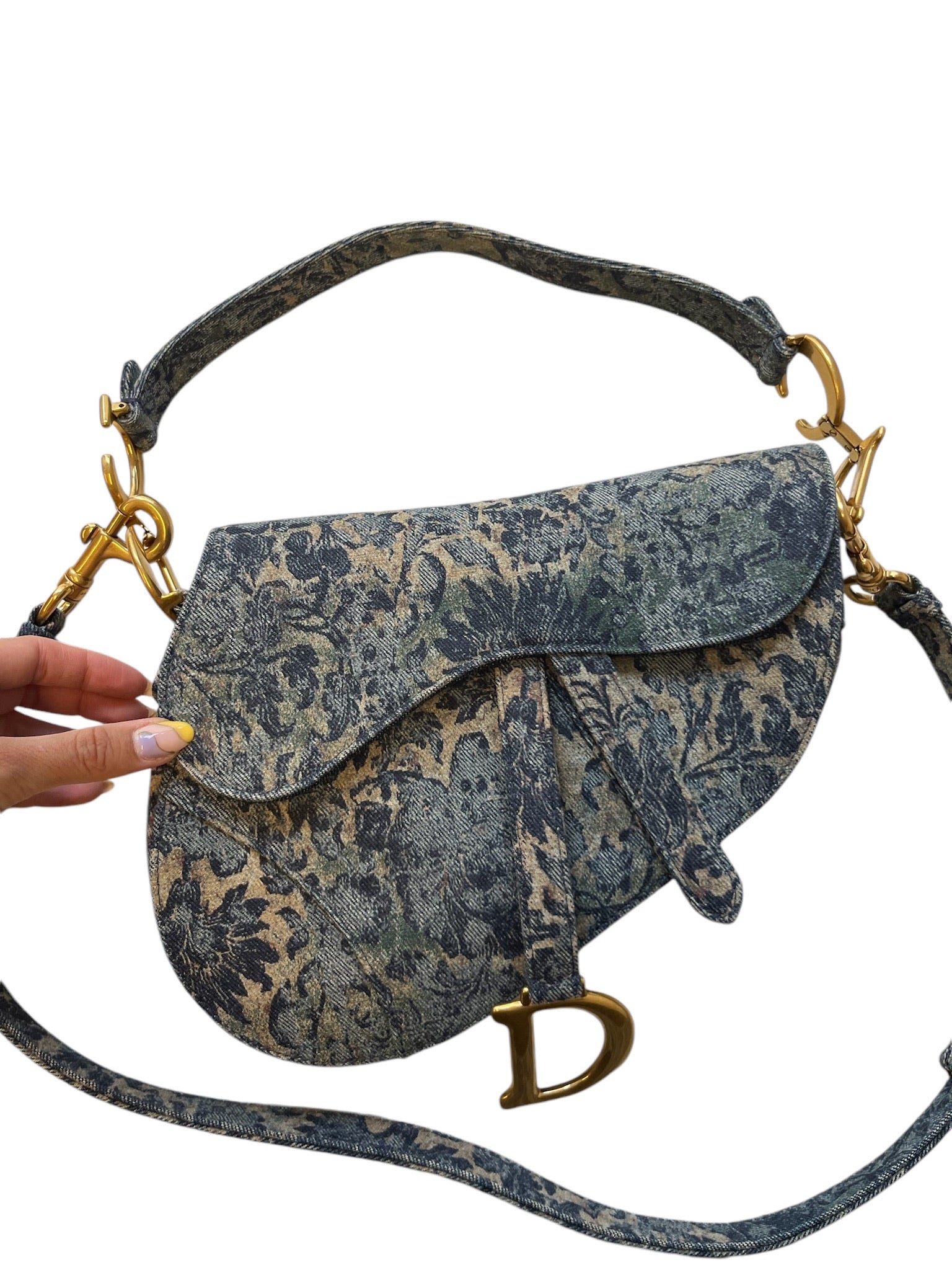 DIOR - Saddle Bag Blue Denim Brocart Embroidered Shoulder Bag