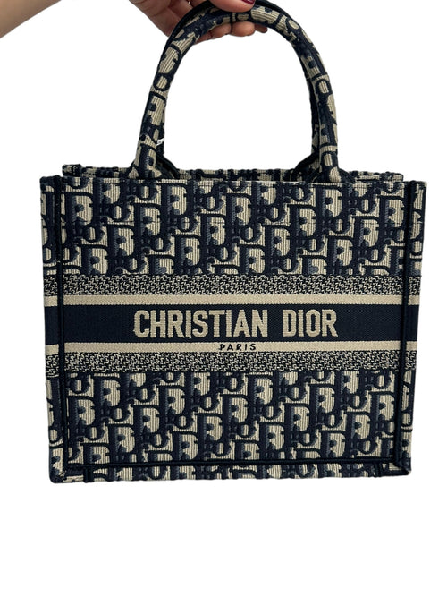DIOR - Ecru Blue Oblique Embroidered Small Book Tote