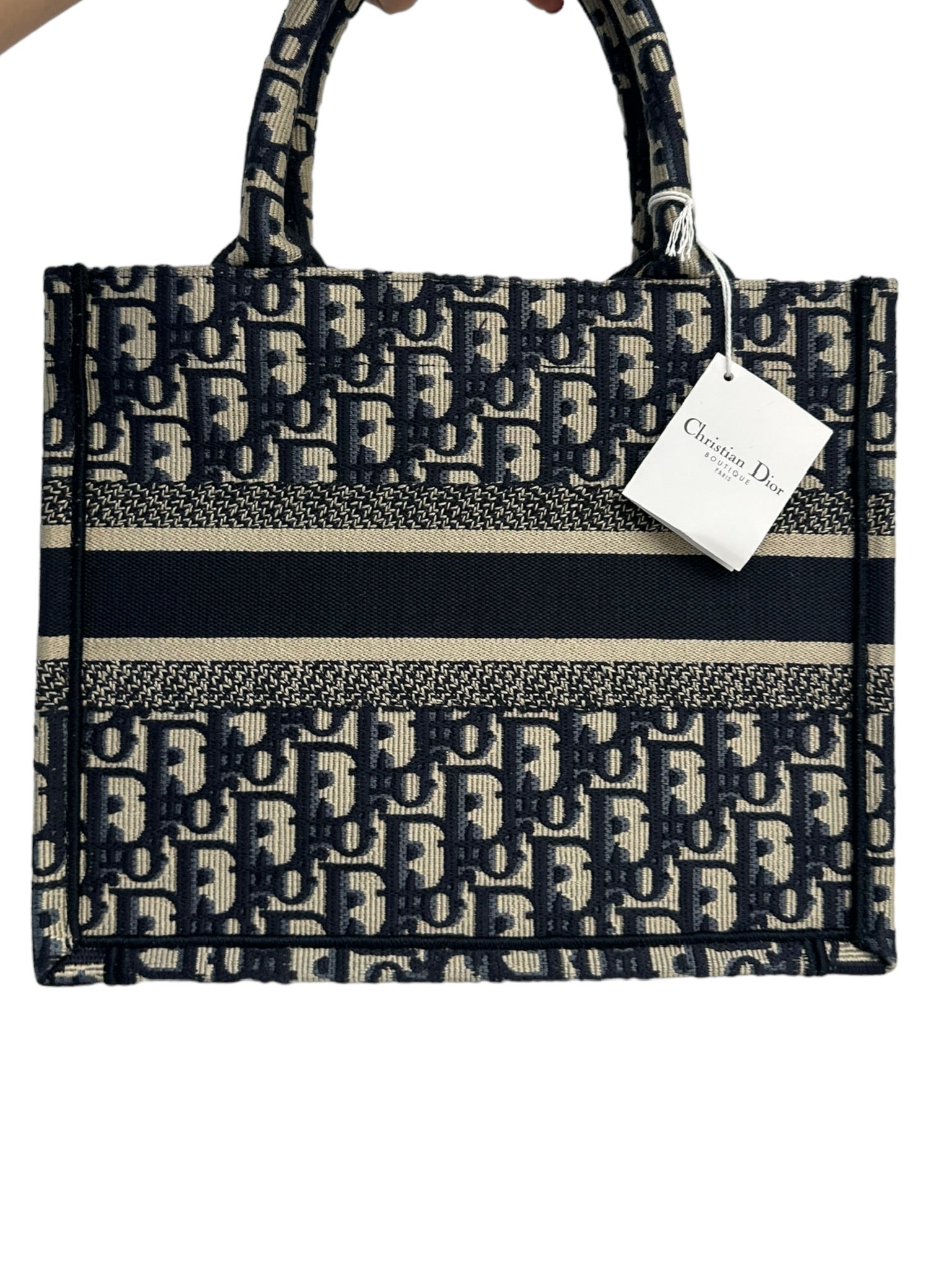 DIOR - Ecru Blue Oblique Embroidered Small Book Tote