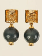 CELINE Square Logo Plate Beads Swing Earrings Gold/Navy