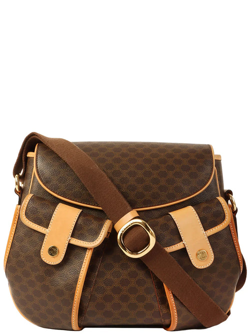 CELINE Macadam Pattern Logo Button Shoulder Bag Brown