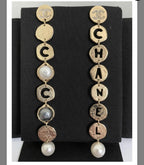 CHANEL COCO CHANEL Logo Gold Tone Disc Pearl Drop Earrings