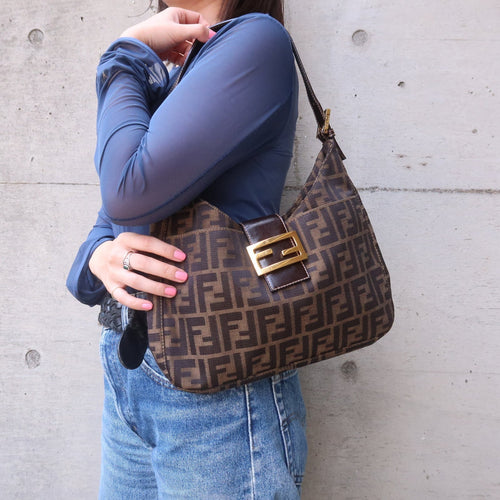 FENDI Zucca Canvas Leather Shoulder Bag Brown Black 26569