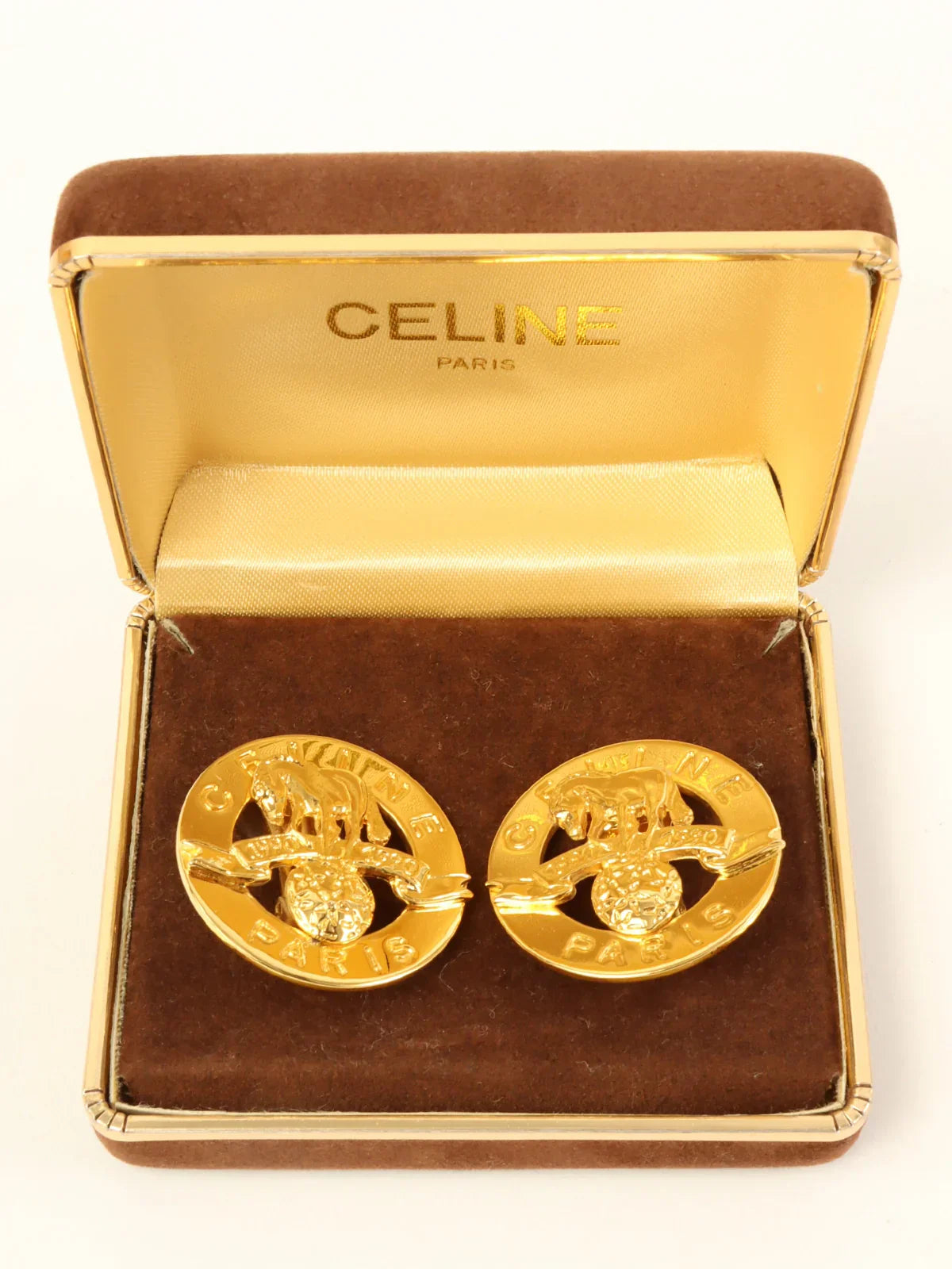 CELINE Circle Star Horse Motif Logo Earrings Gold