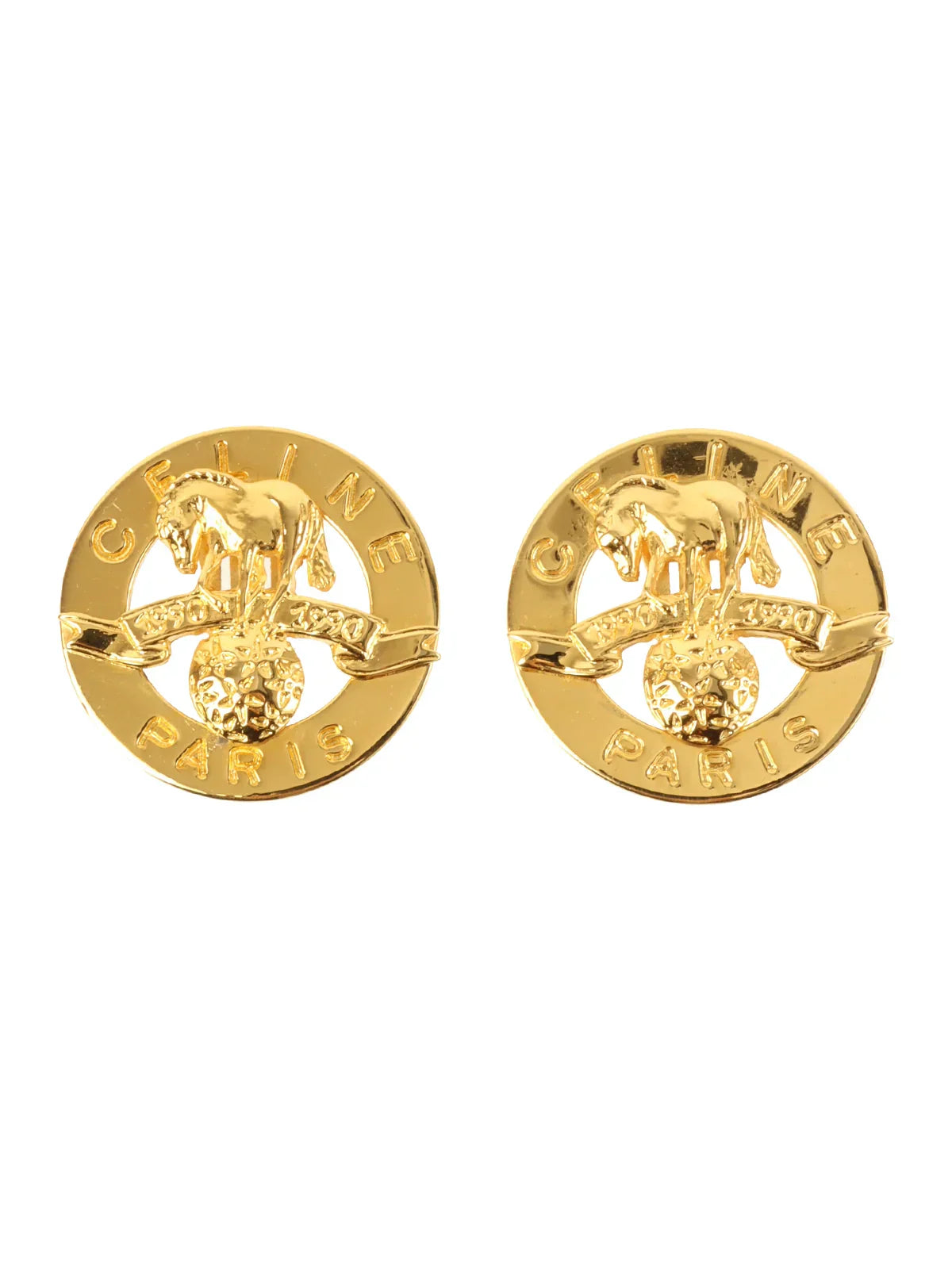 CELINE Circle Star Horse Motif Logo Earrings Gold
