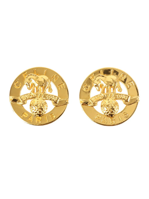 CELINE Circle Star Horse Motif Logo Earrings Gold