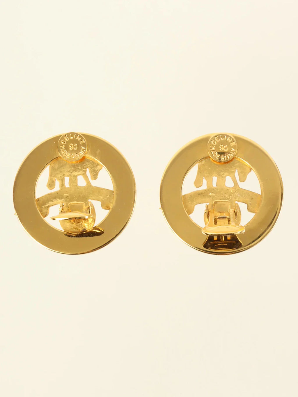 CELINE Circle Star Horse Motif Logo Earrings Gold