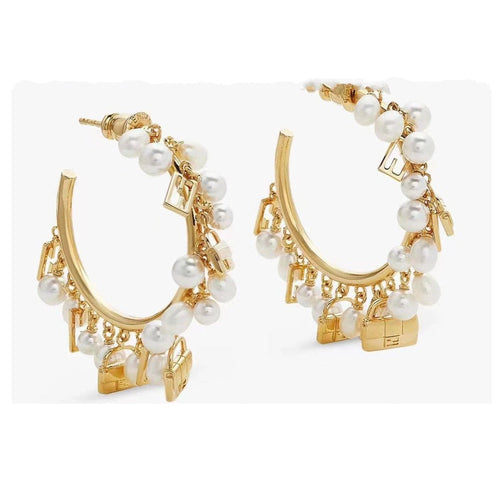 FENDI F BUCKLE PEARL GOLD EARRINGS