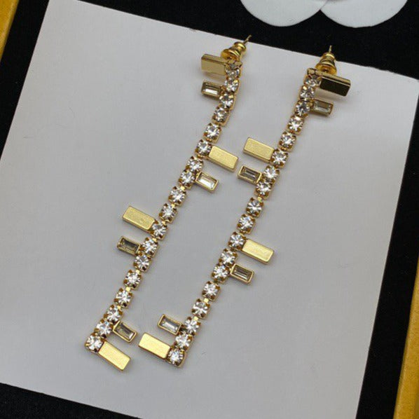 FENDI FF LOGO DROP GOLD DIAMOND EARRINGS