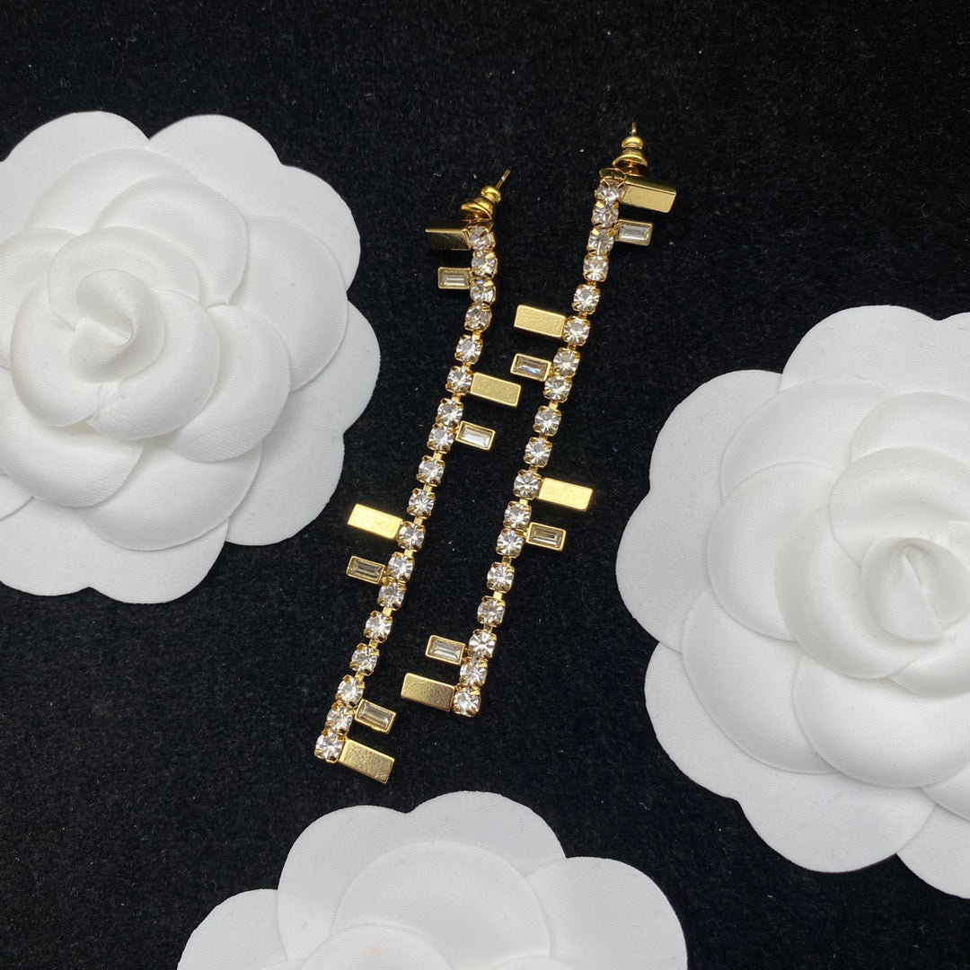FENDI FF LOGO DROP GOLD DIAMOND EARRINGS