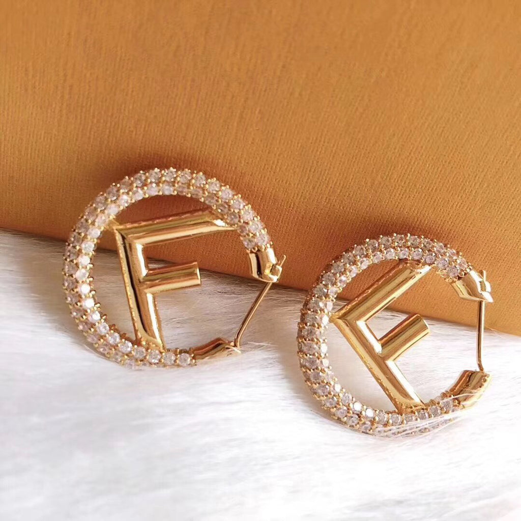 FENDI F LOGO GOLD DIAMOND EARRINGS