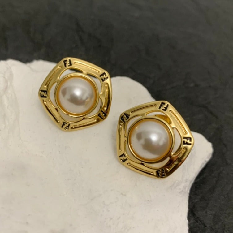 FENDI FF PEARL GOLD EARRINGS