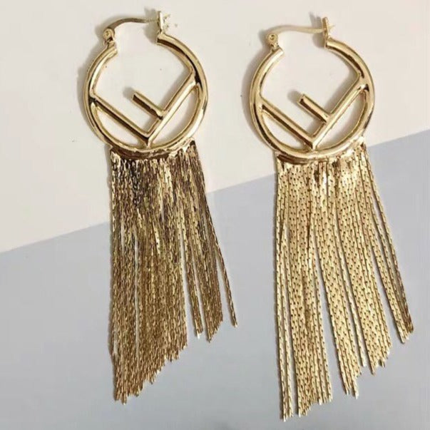 FENDI F LOGO TASSELS GOLD EARRINGS