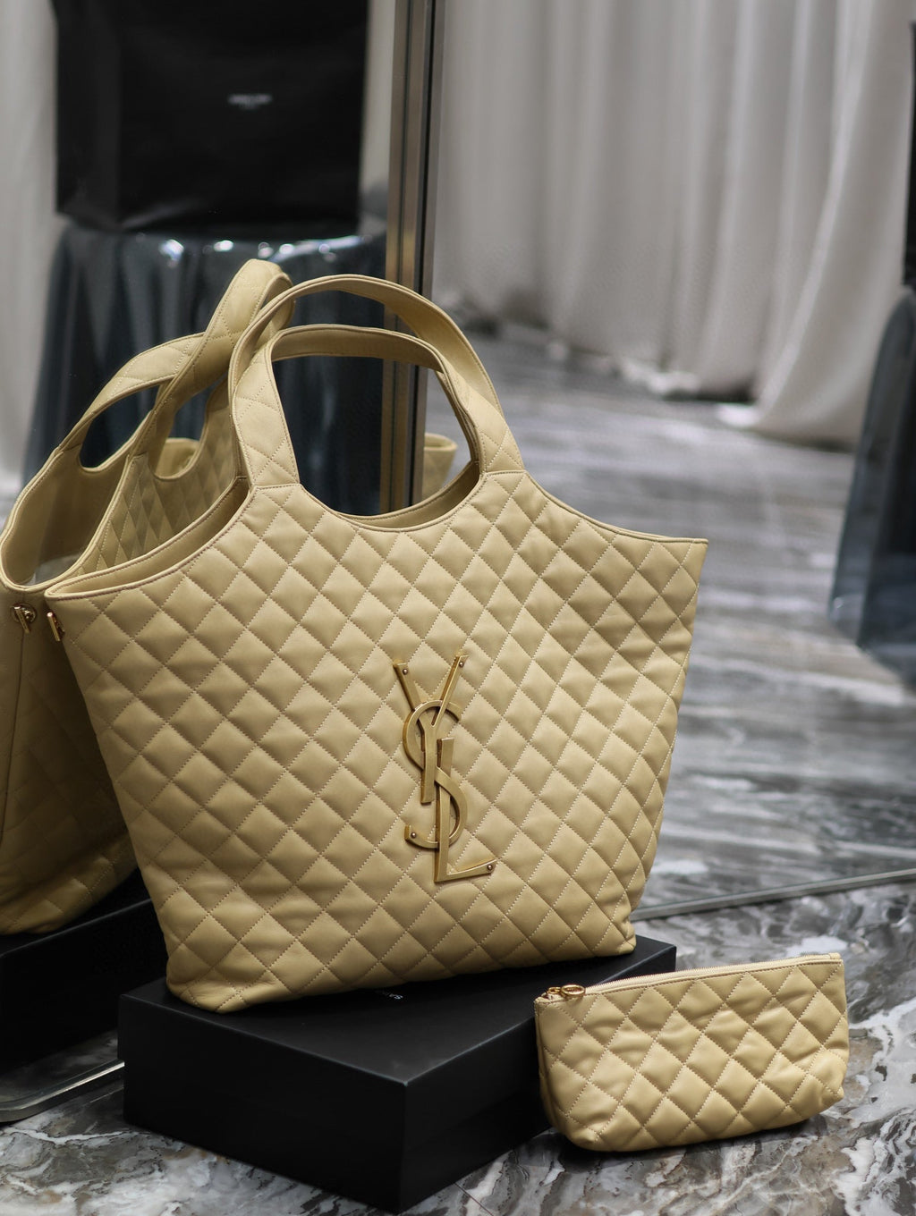 Saint Laurent ICARE MAXI SHOPPING BAG IN QUILTED BEIGE LAMBSKIN