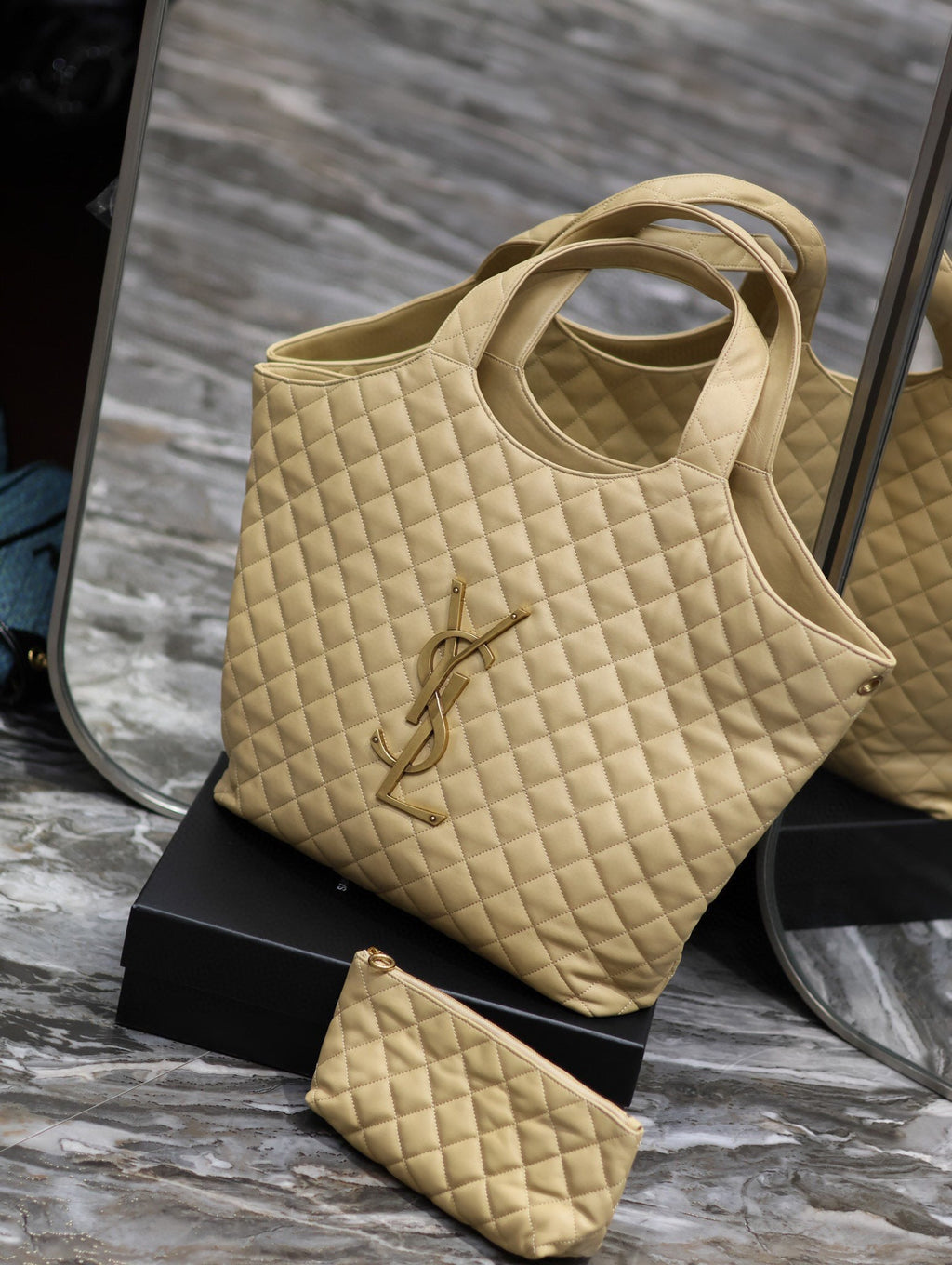 Saint Laurent ICARE MAXI SHOPPING BAG IN QUILTED BEIGE LAMBSKIN