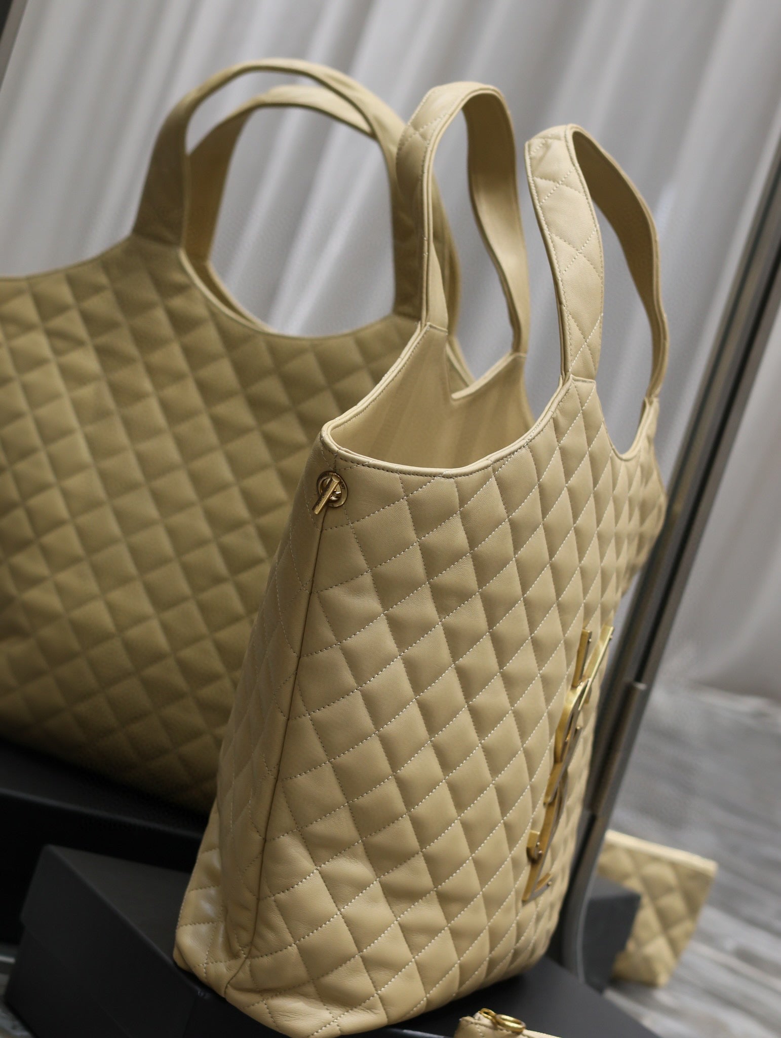 Saint Laurent ICARE MAXI SHOPPING BAG IN QUILTED BEIGE LAMBSKIN
