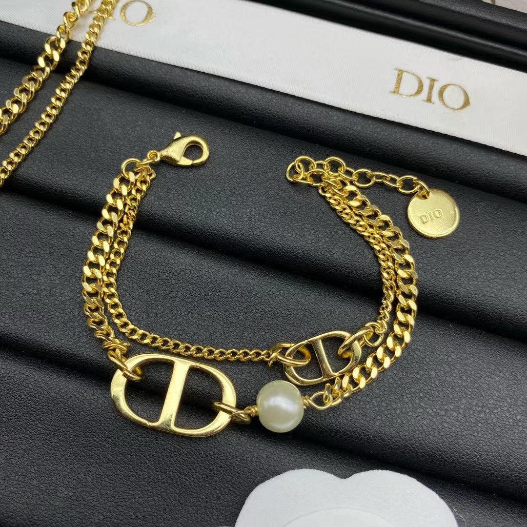 DIOR LOGO MOP GOLD DOUBLE CHAIN BRACELET