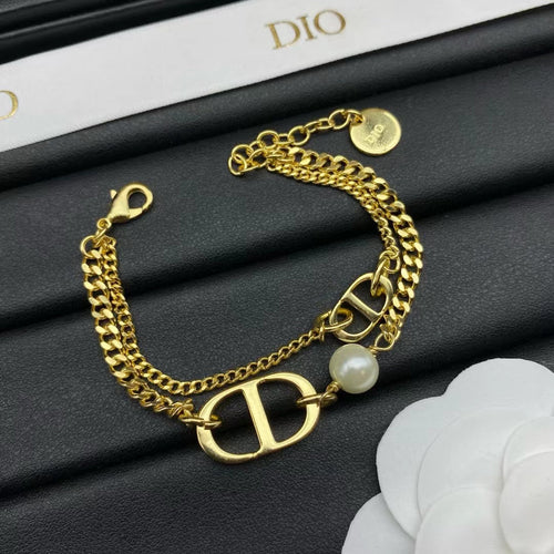 DIOR LOGO MOP GOLD DOUBLE CHAIN BRACELET