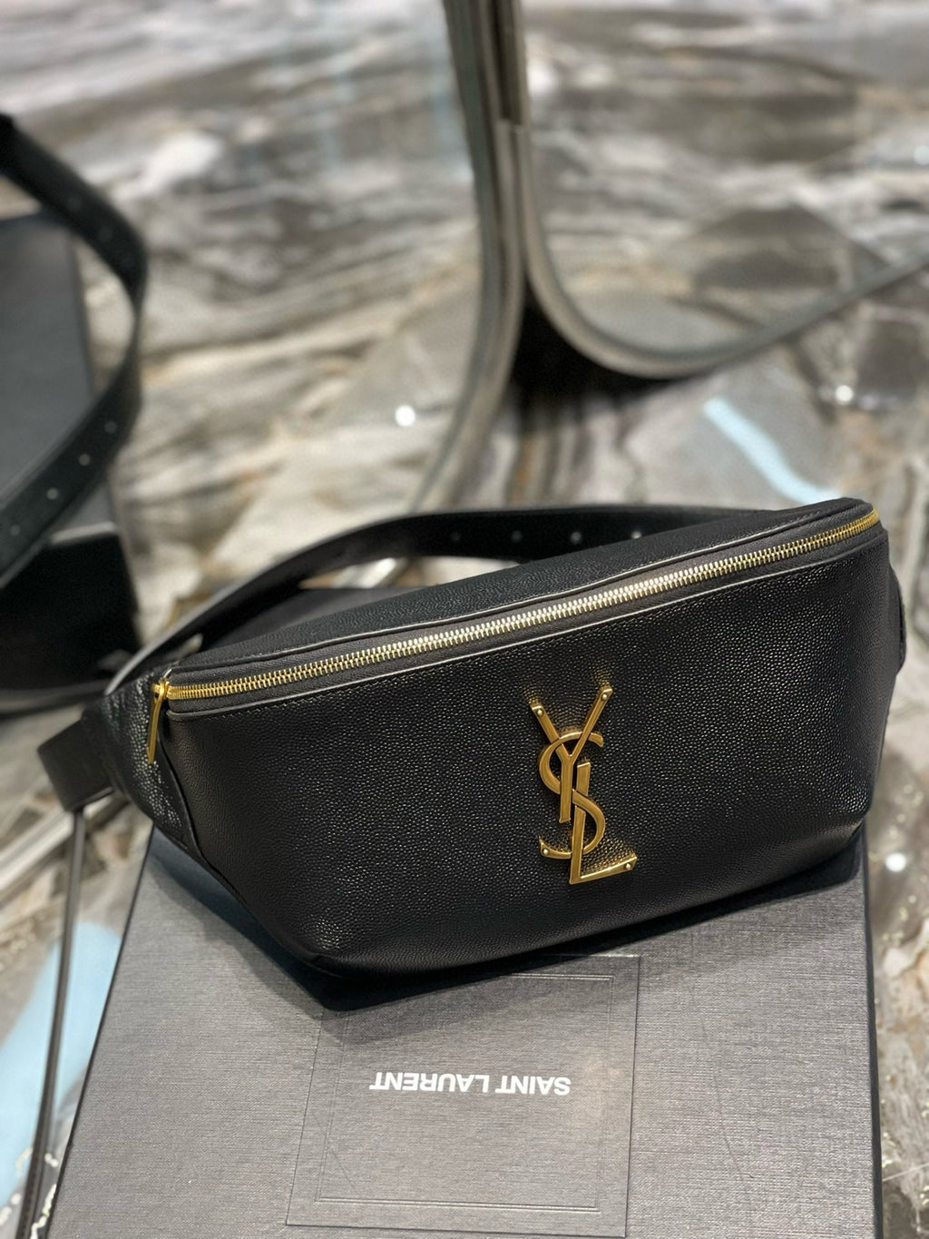 Saint Laurent cassandre classic black belt bag grained calfskin
