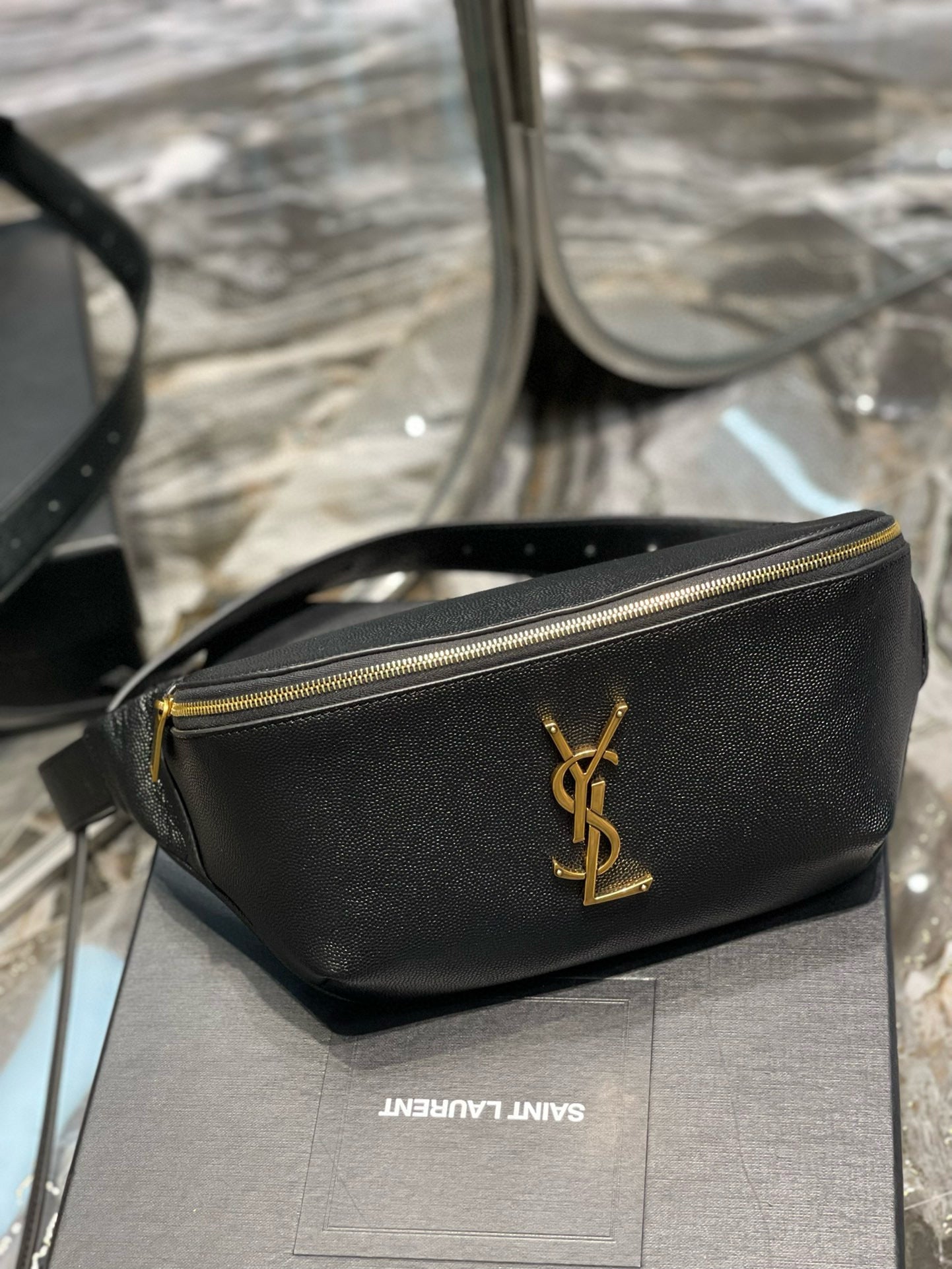 Saint Laurent cassandre classic black belt bag grained calfskin