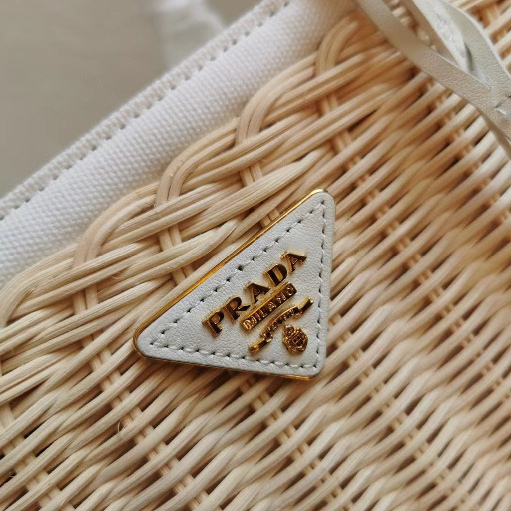 PRADA medium 26cm wicker and linen blend tote bag