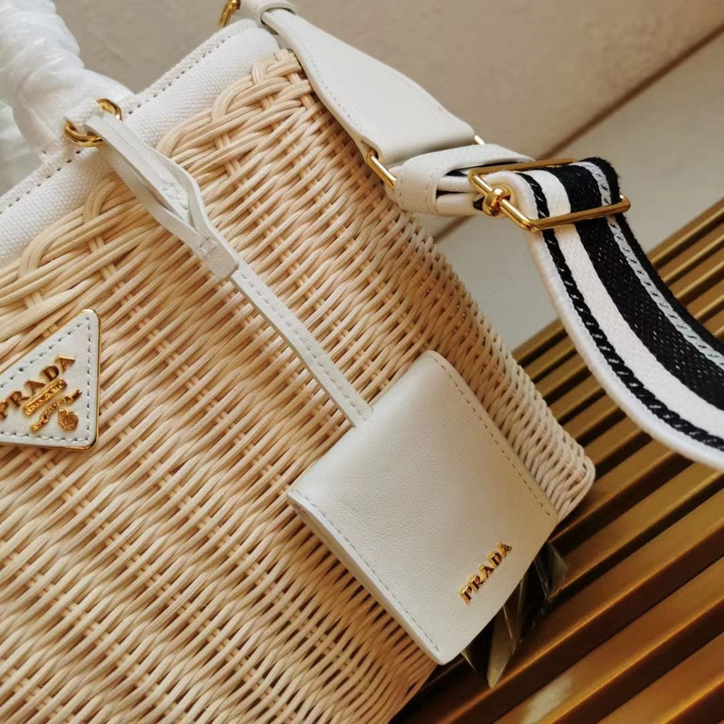 PRADA medium 26cm wicker and linen blend tote bag